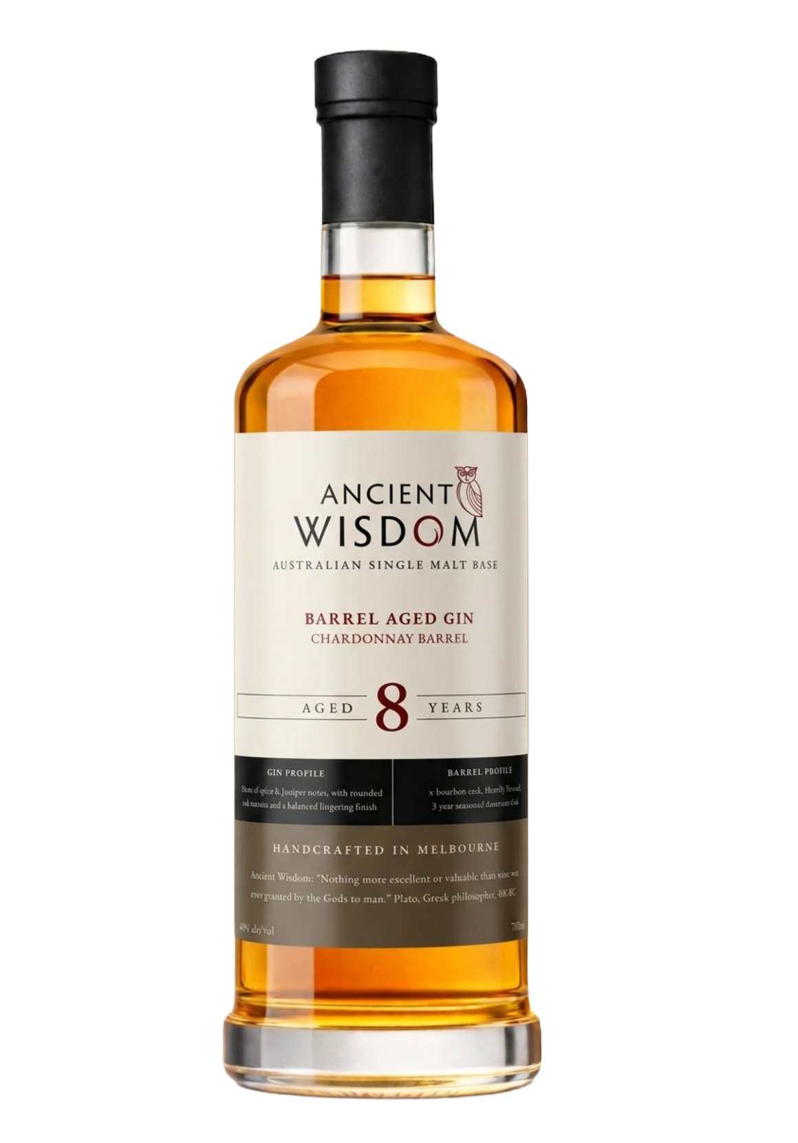 Award-winning Ancient Wisdom Australian Barrel Aged Gin matured in Chardonnay oak casks