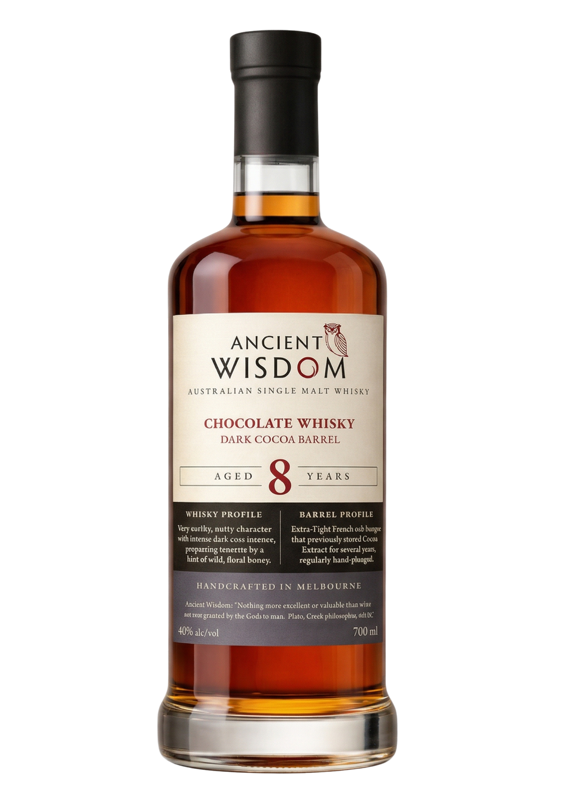 Award-winning Ancient Wisdom Australian Chocolate Whisky matured in cocoa-seasoned oak barrels