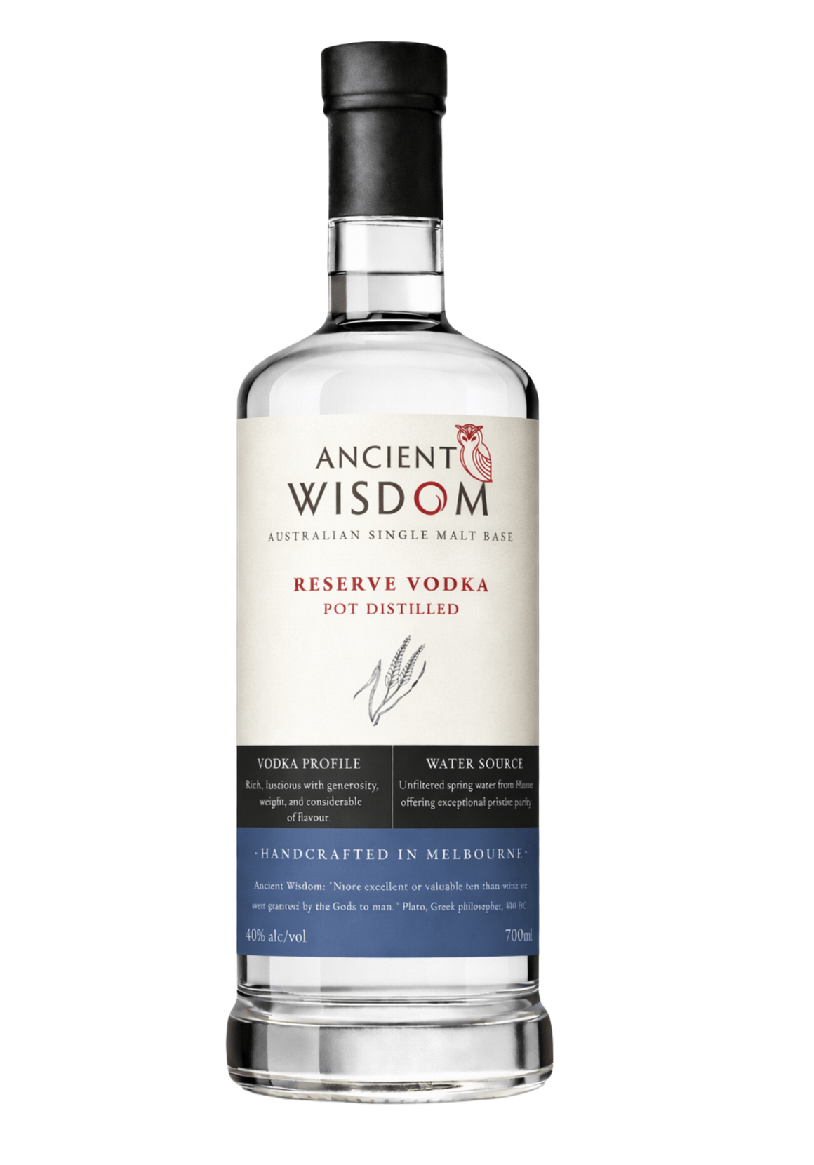 Award-winning Ancient Wisdom Australian Reserve Vodka made from Australian wheat